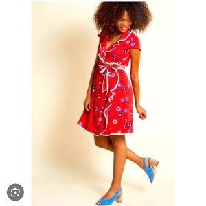 MODCLOTH RED BLUE FLORAL DAPPER DRESS SIZE S